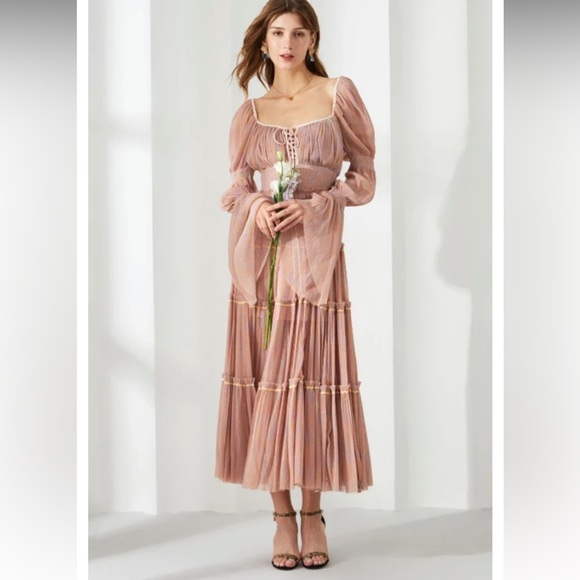 Autumn Floating Tulle Shimmer Maxi Dress Tiered Pink Multi Lace up décolleté - Picture 1 of 14